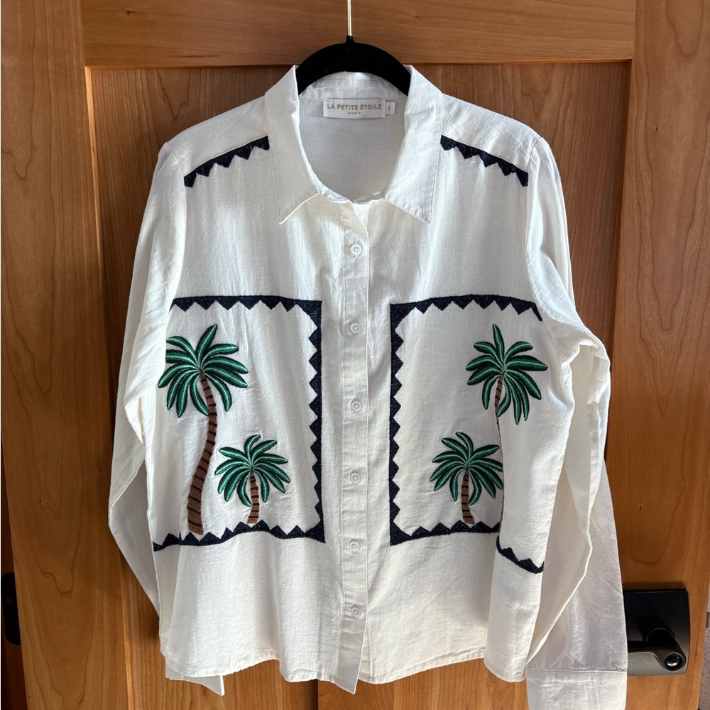 FROM PARIS! LePetite Etoile Palm Tree Embroidered Linen/Cotton Shirt